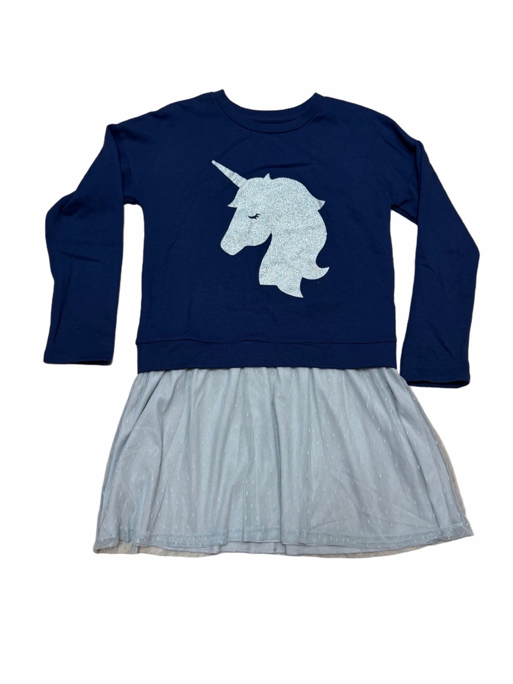 Arizona Jean Co Girls XL 16 Navy Unicorn Glitter Tulle Skirt Long Sleeve Dress